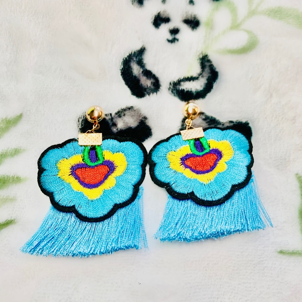🌸 Bright Blue Flowery Cloth Earring With Frills